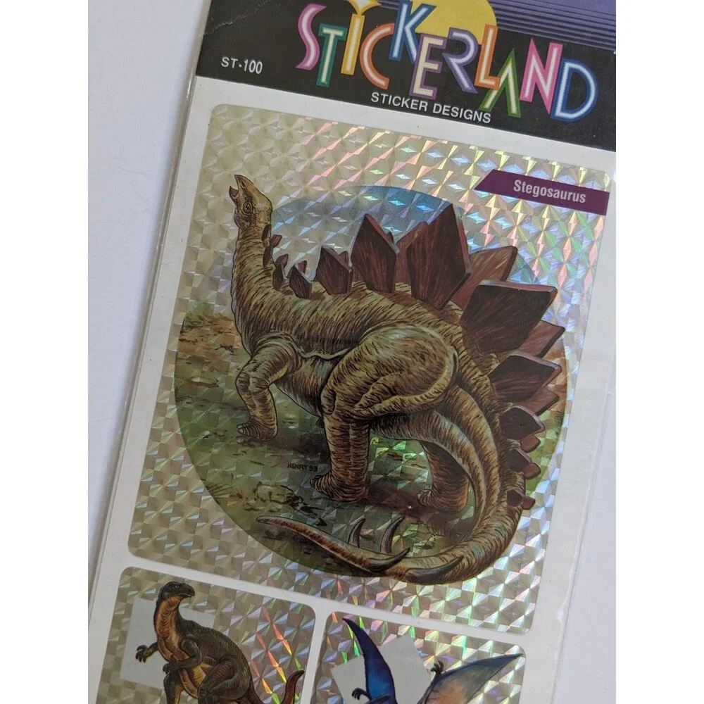Vintage 1993 Stickerland Diamond‎ Dinosaur Holographic Sticker Sheet Stegosaurus